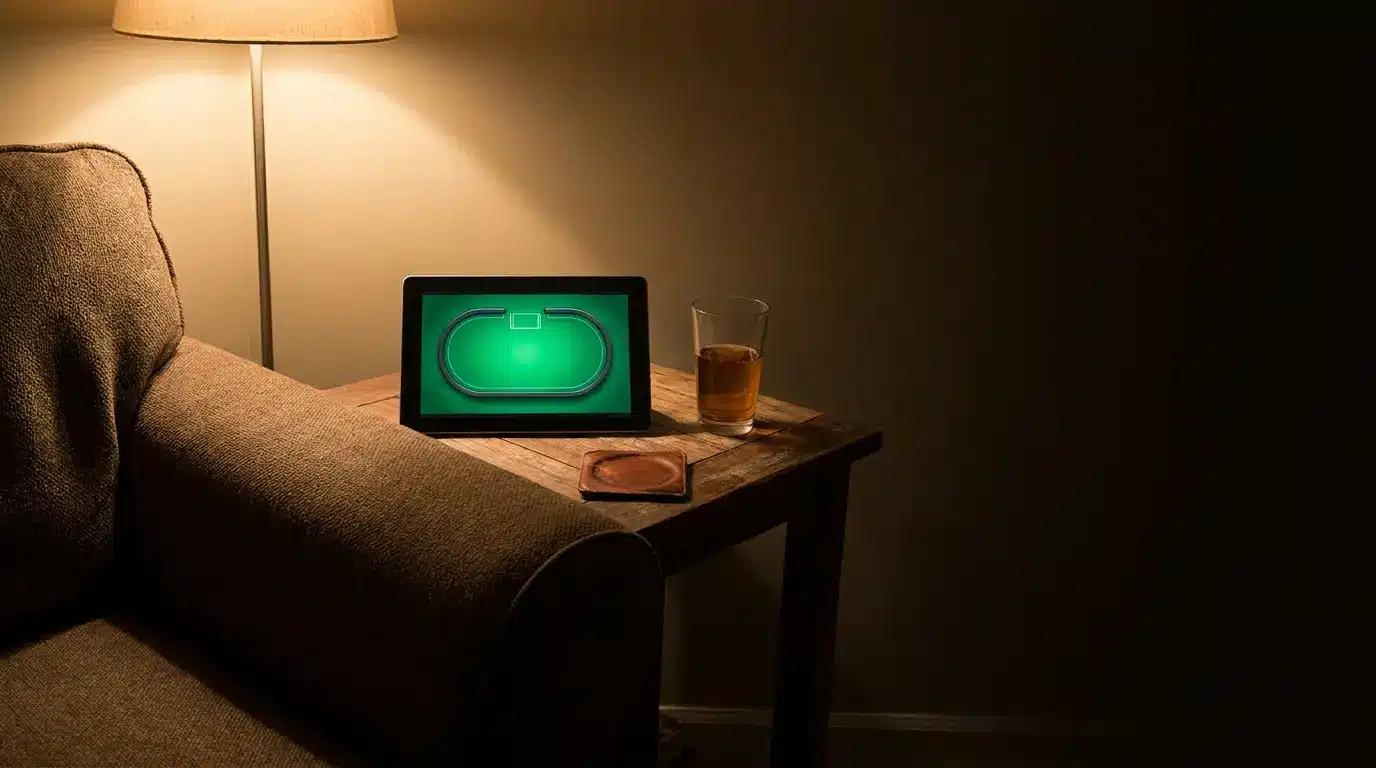 Tablet displaying a virtual poker table on a wooden side table with drink and lamp