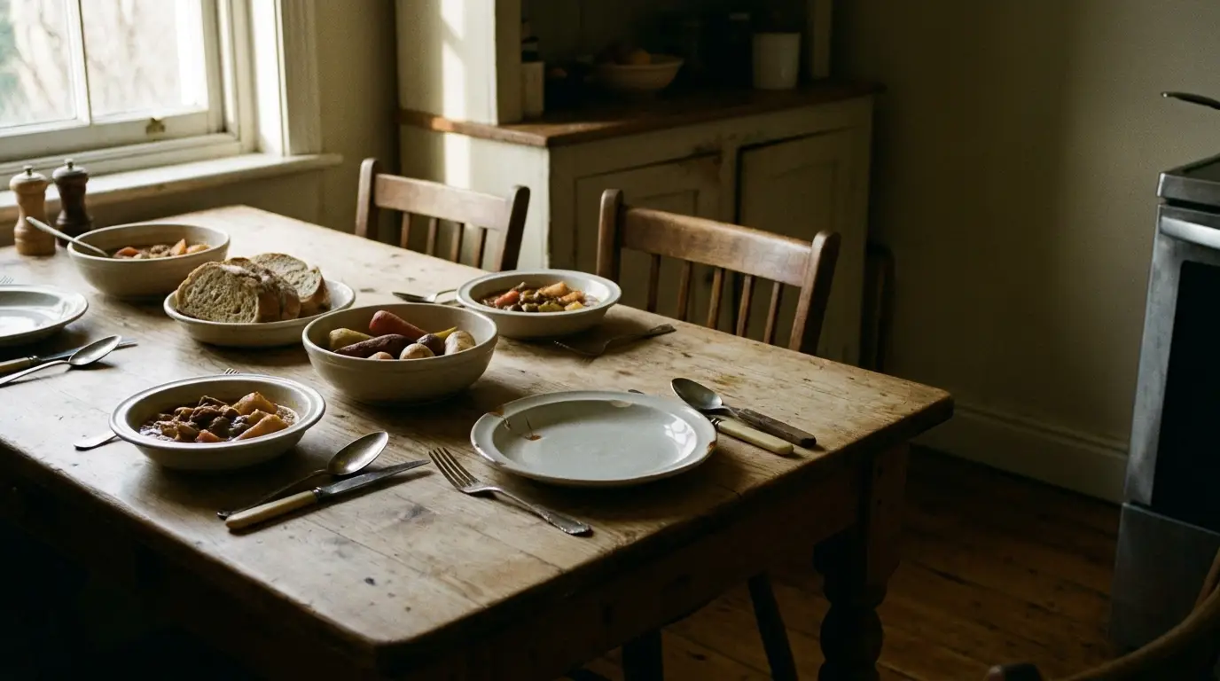 Rustic home kitchen table set with ceramic bowls of local food in soft afternoon window light