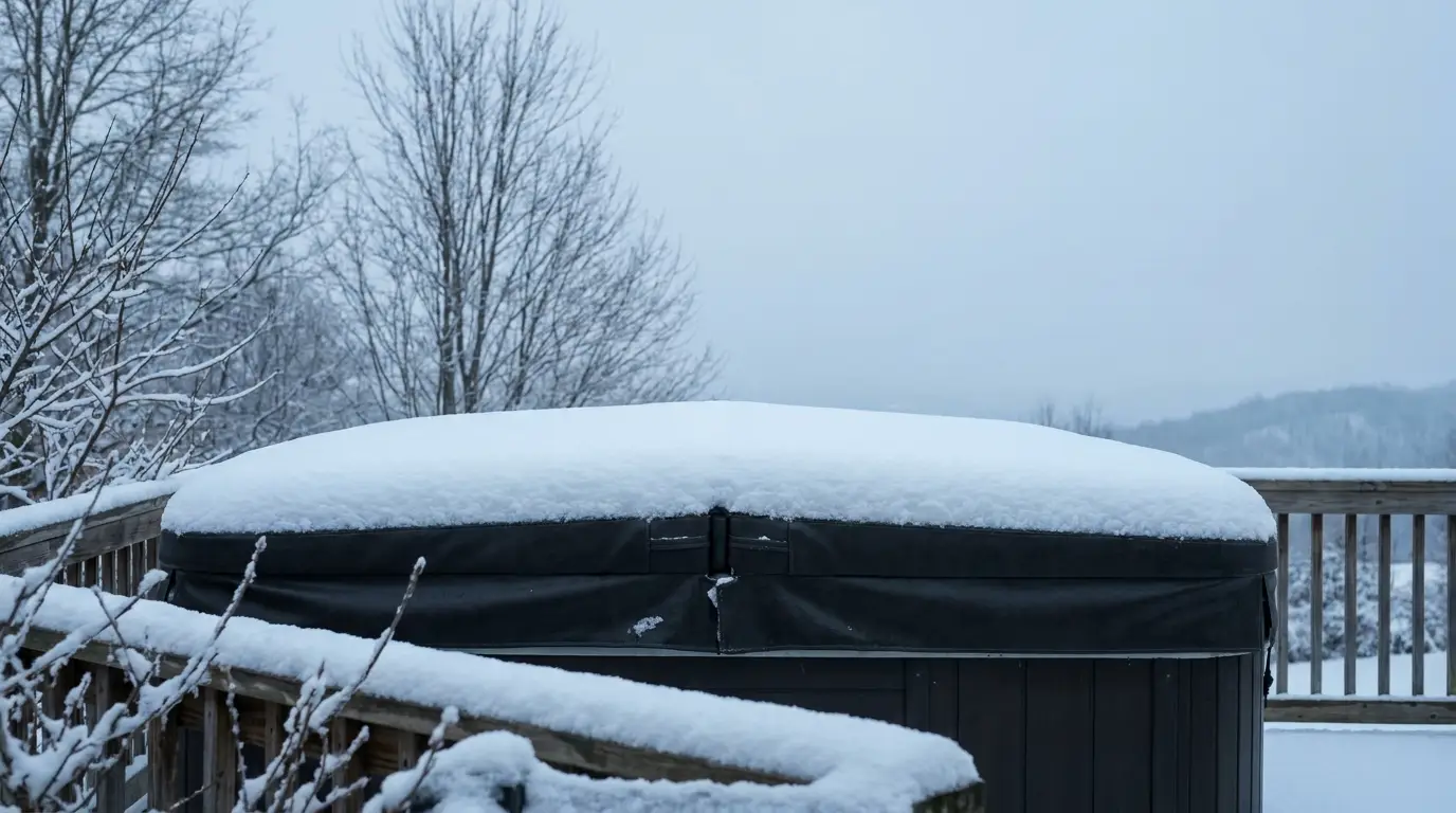 Snow-covered hot tub cover on a wooden backyard deck under overcast winter daylight