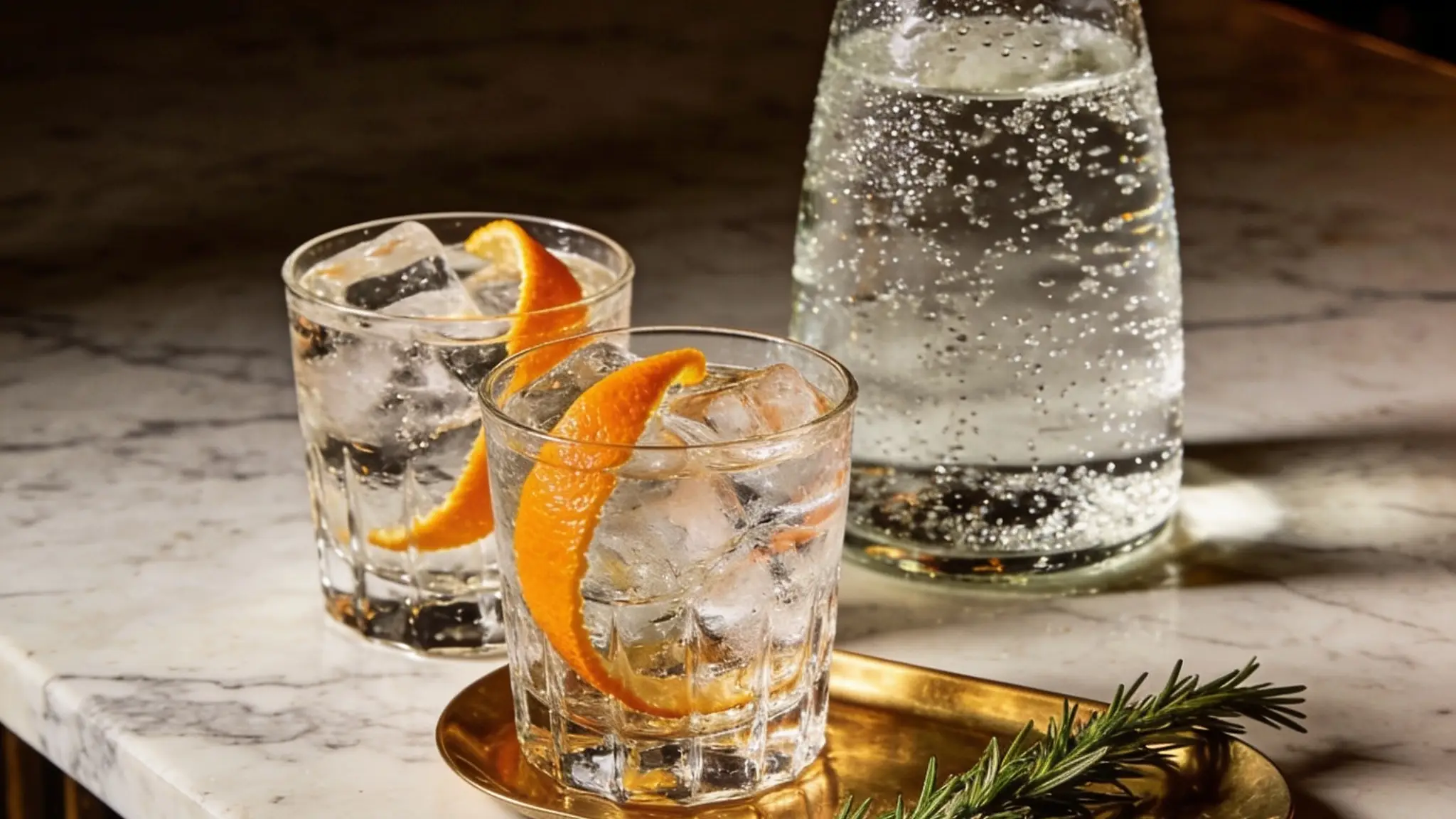 Two gin and tonics with orange peel and ice on marble counter with rosemary garnish