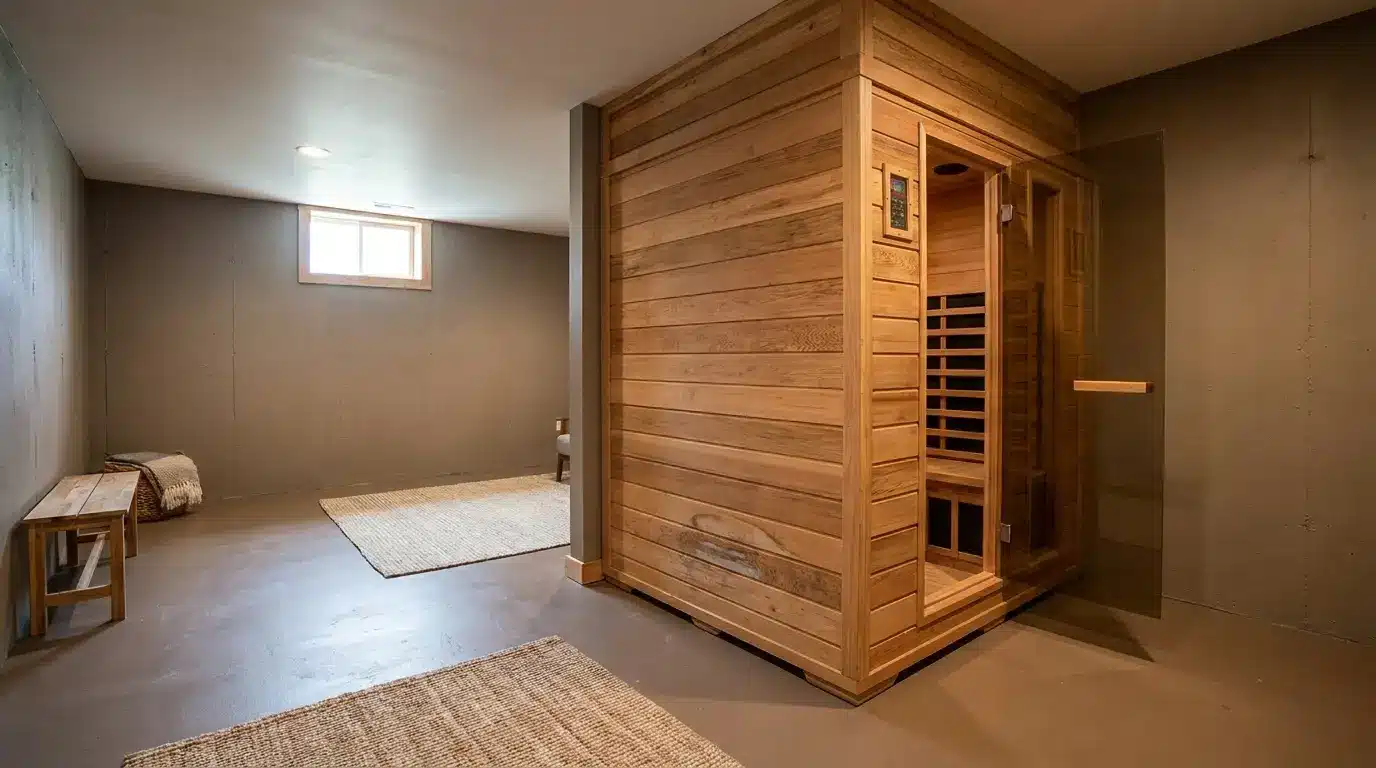 Wooden sauna room in minimalist basement with concrete walls and natural light from small window