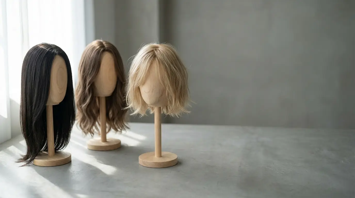 Three wigs on wooden mannequin heads displayed on a gray surface in natural light