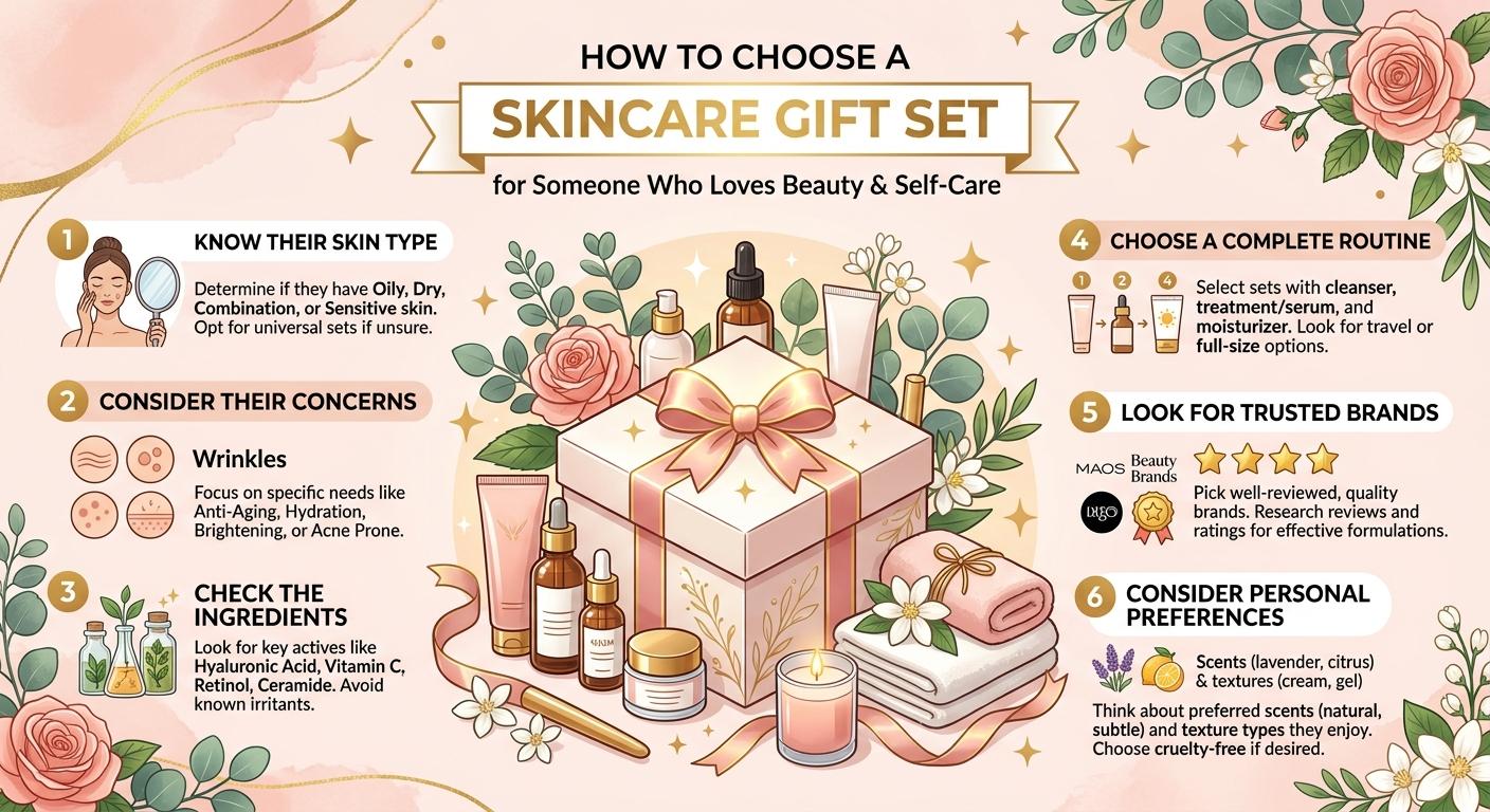 Skincare gift set surrounded by bottles, flowers, and illustrated skincare tips