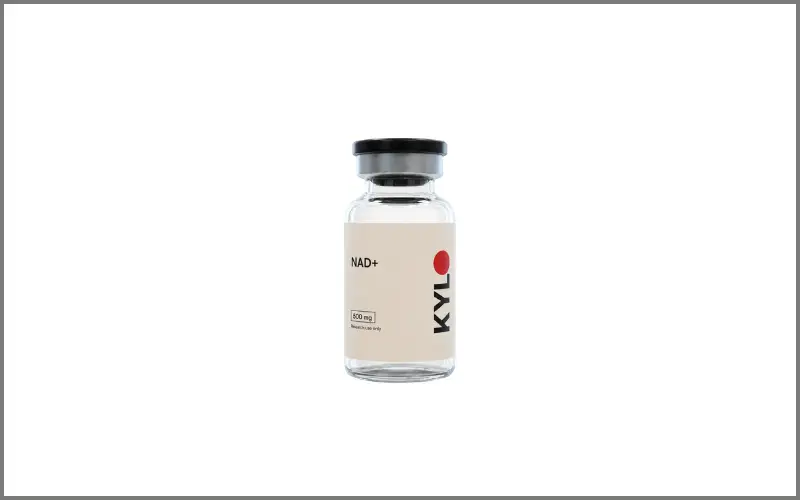 Small clear vial with black cap labeled "NAD+" on white background