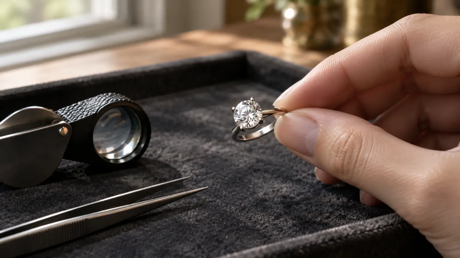 Hand holding diamond ring beside magnifying glass and tweezers on black tray in bright light