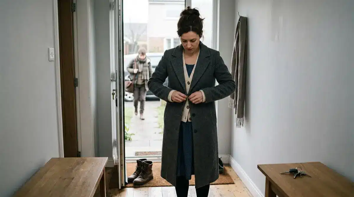 Woman buttoning grey coat in narrow hallway with wooden benches and doorway leading outside