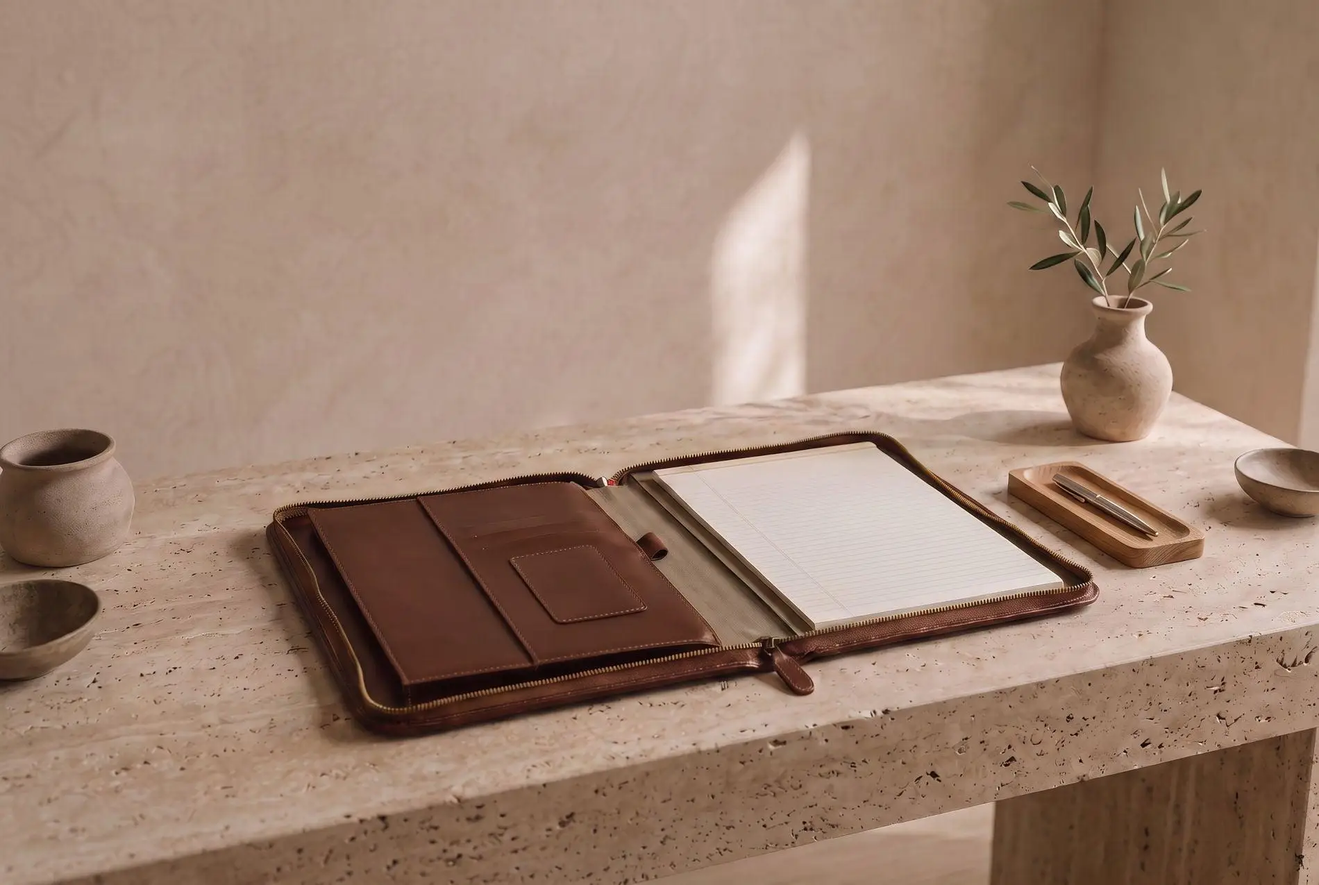 Leather notebook opened on stone desk in minimalist workspace with vase and pen holder