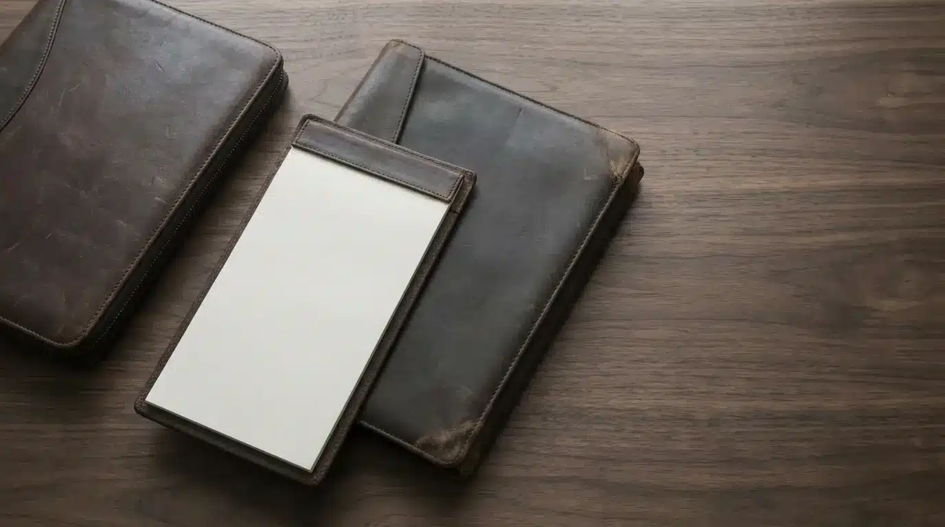 Leather-bound notebooks and a pad on a wooden desk surface