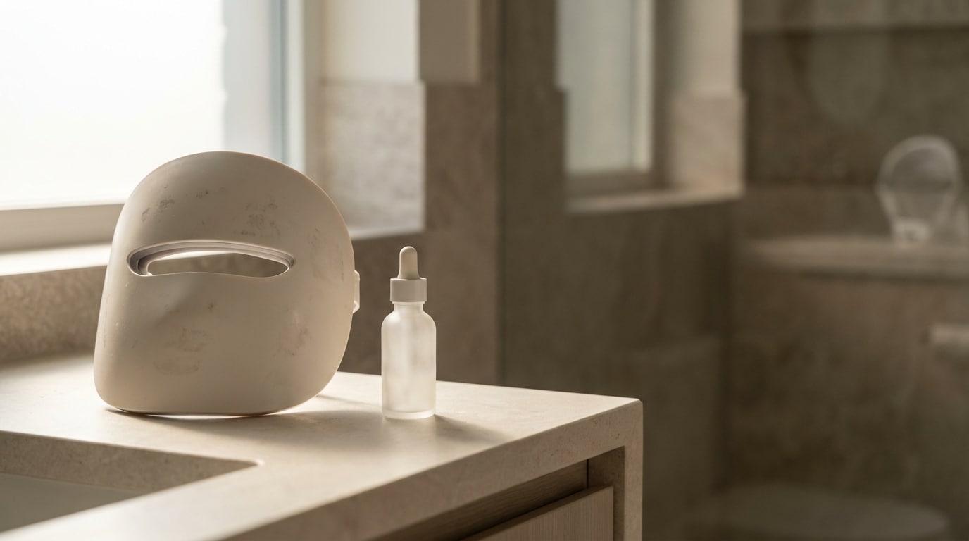 White LED facial mask and dropper bottle on beige countertop in softly lit bathroom