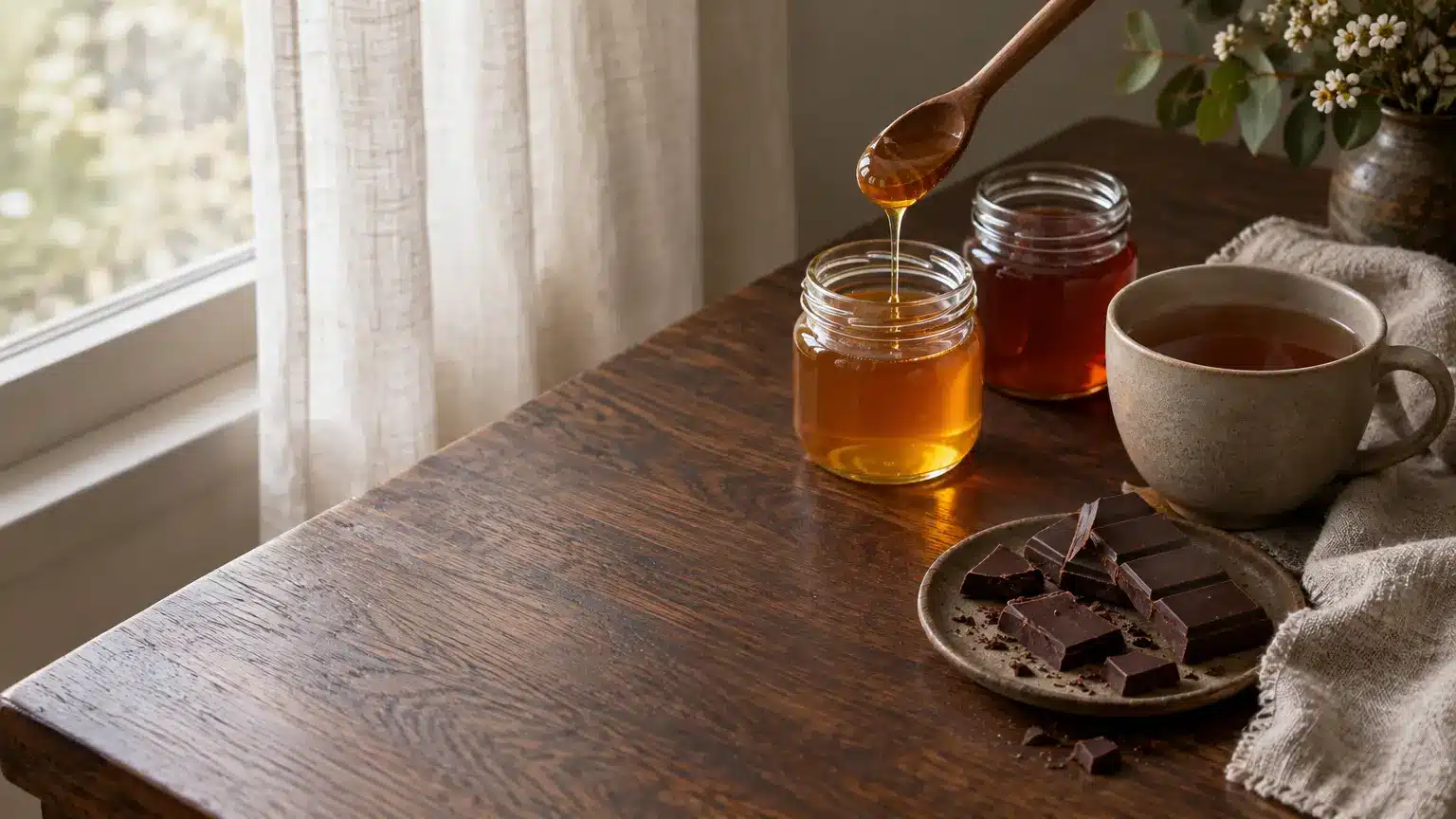 Jars of honey with wooden spoon, chocolate pieces, and tea on wooden table near window