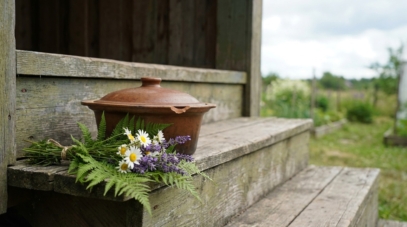 Clay pot and wildflowers on rustic wooden steps outdoors in a garden setting