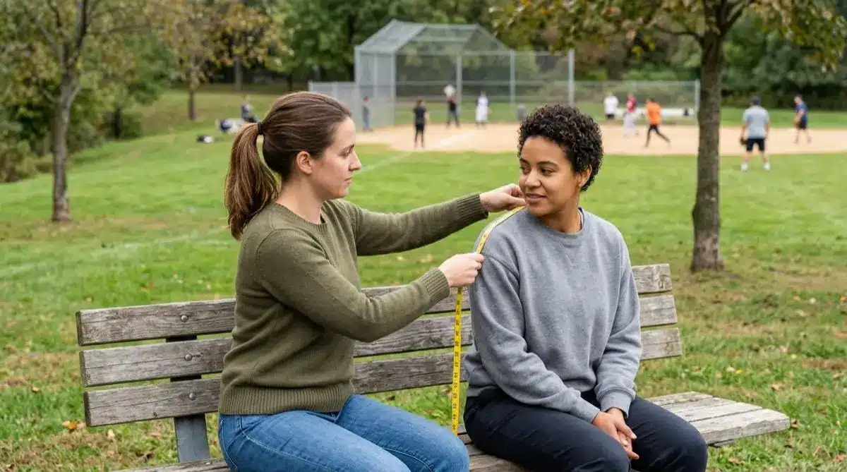 Two women on a bench using a measuring tape in a park with a baseball field