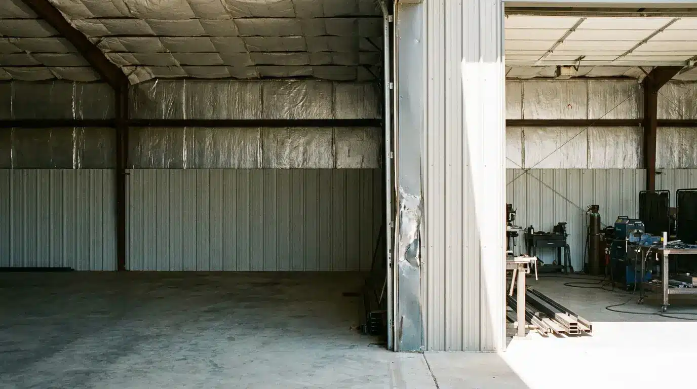 Metal workshop interior with machinery and tools in a large industrial garage setting