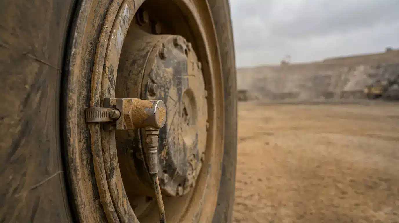 Close-up of dusty construction vehicle tire in a quarry setting under cloudy sky