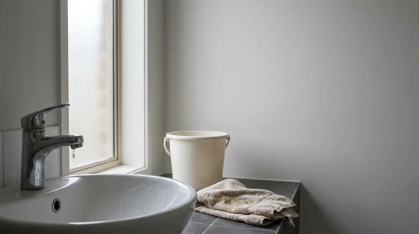 Dripping faucet above white sink beside window in a minimalistic bathroom setting