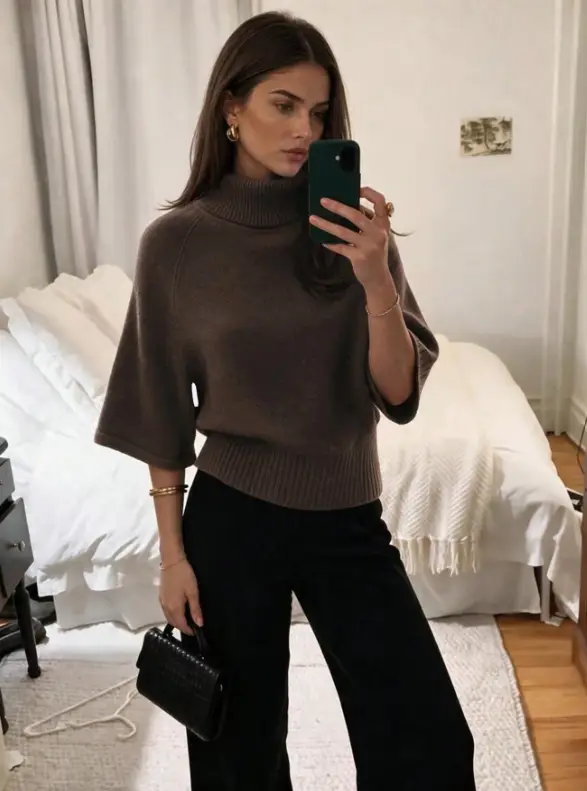 Woman in brown turtleneck and black pants taking selfie in minimalist bedroom