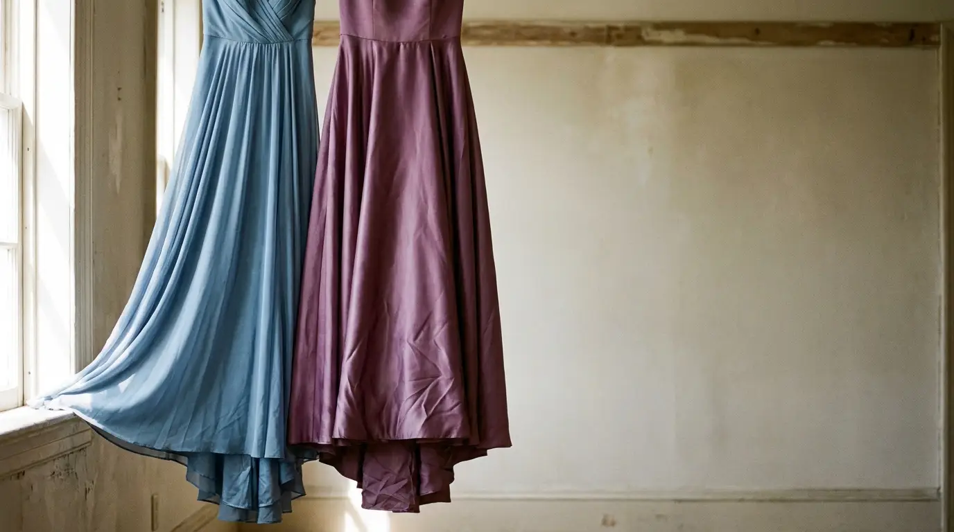 Two elegant dresses in soft blue and purple hanging in a minimal room
