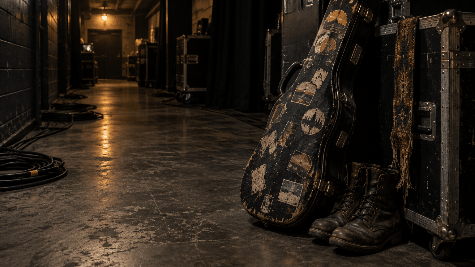 Worn guitar case and boots next to flight cases in dimly lit backstage hallway