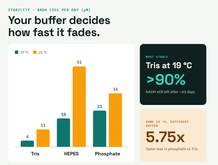 Bar chart comparing NADH loss at 19°C and 25°C for Tris, HEPES, Phosphate buffers