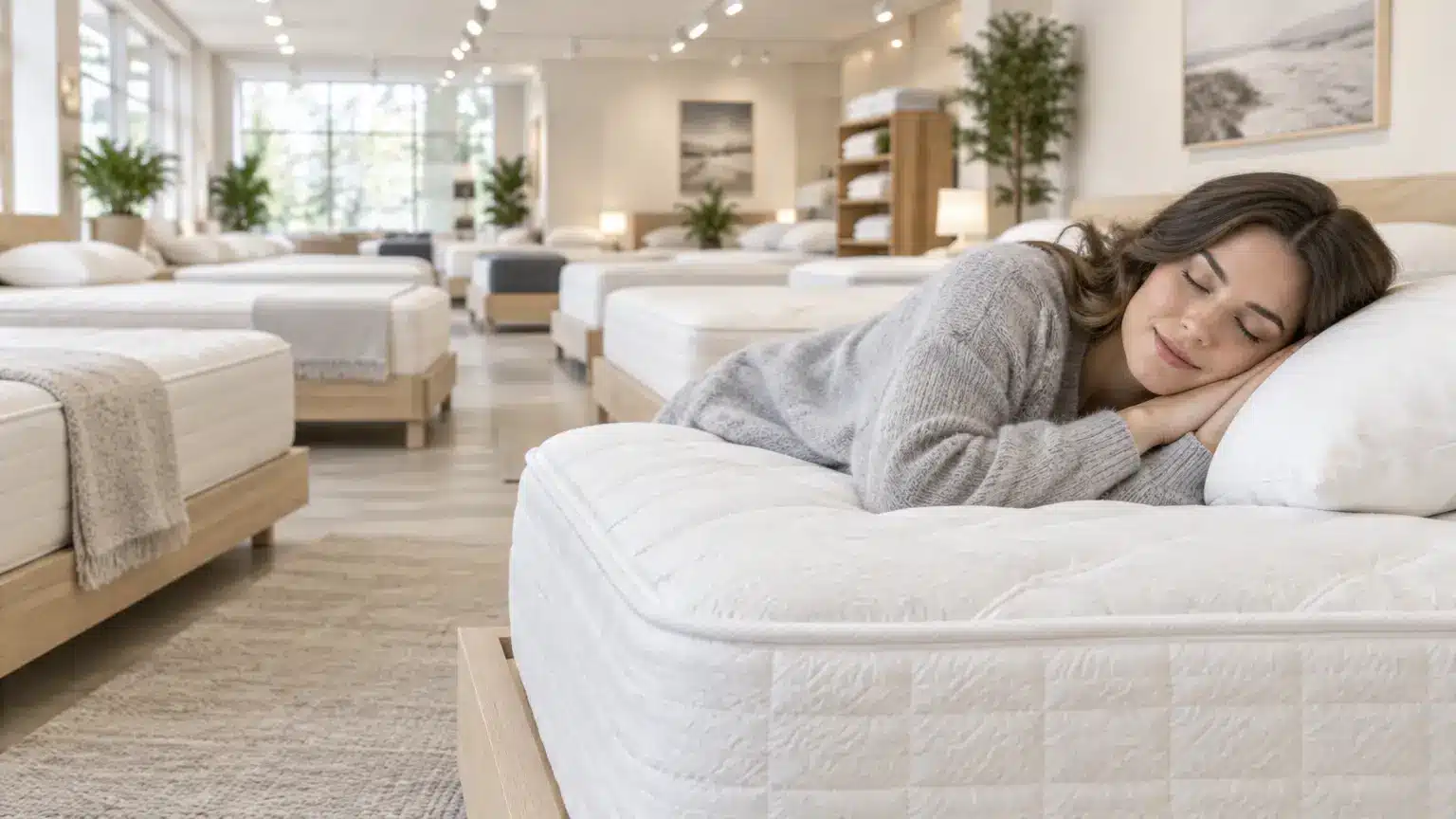 Woman resting on white mattress in a bright furniture showroom with plants and bedding displays