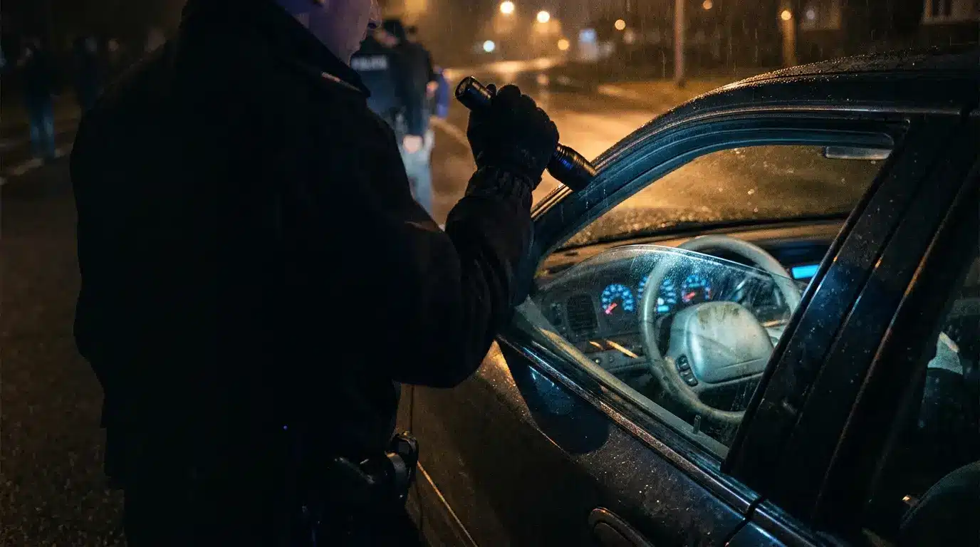 Police officer inspecting car interior with flashlight at night on rainy street