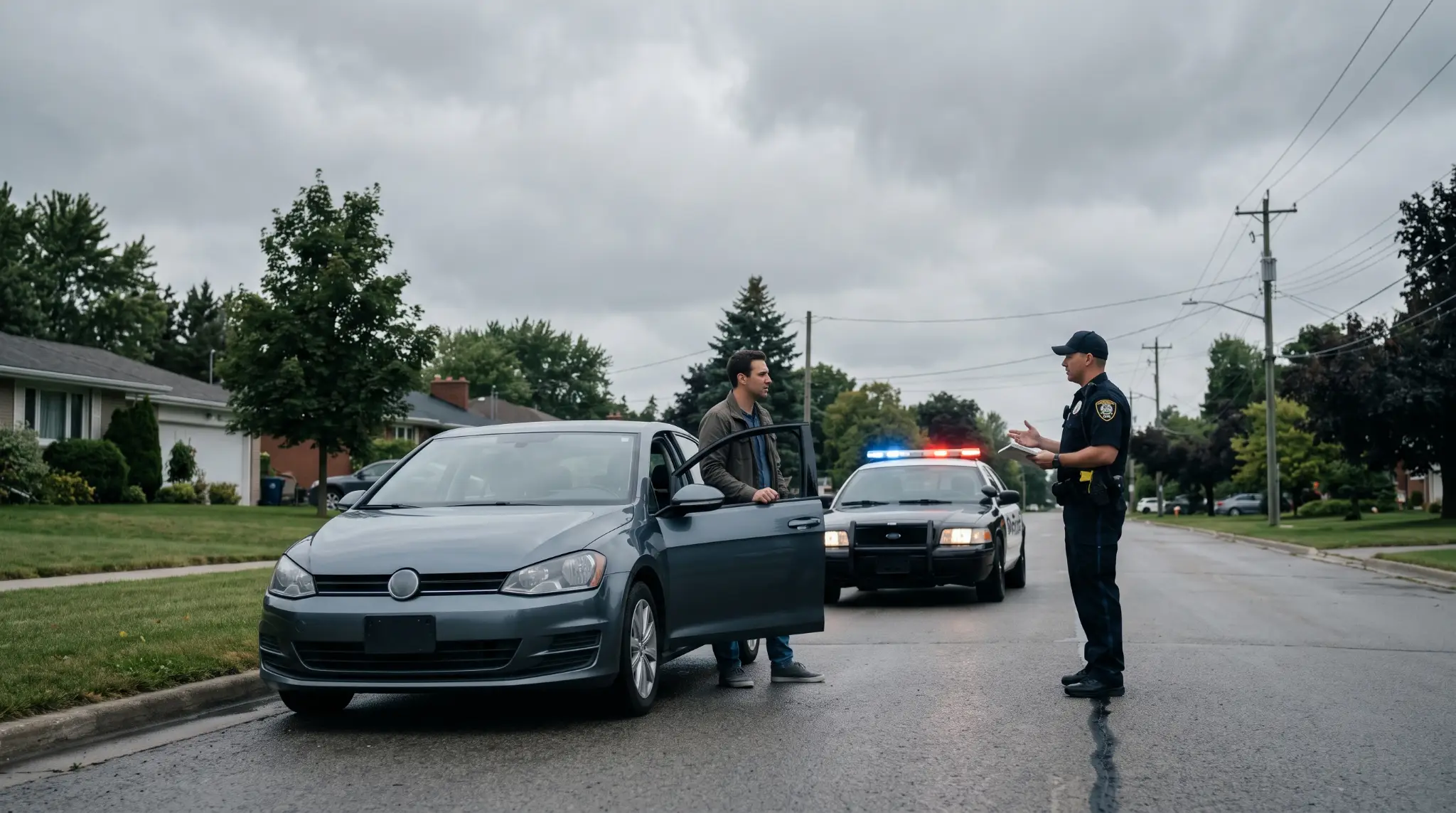 Police officer talking to man beside car on residential street with overcast sky