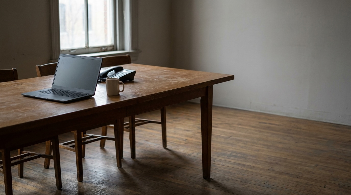 Laptop and telephone on wooden table in empty office with natural light