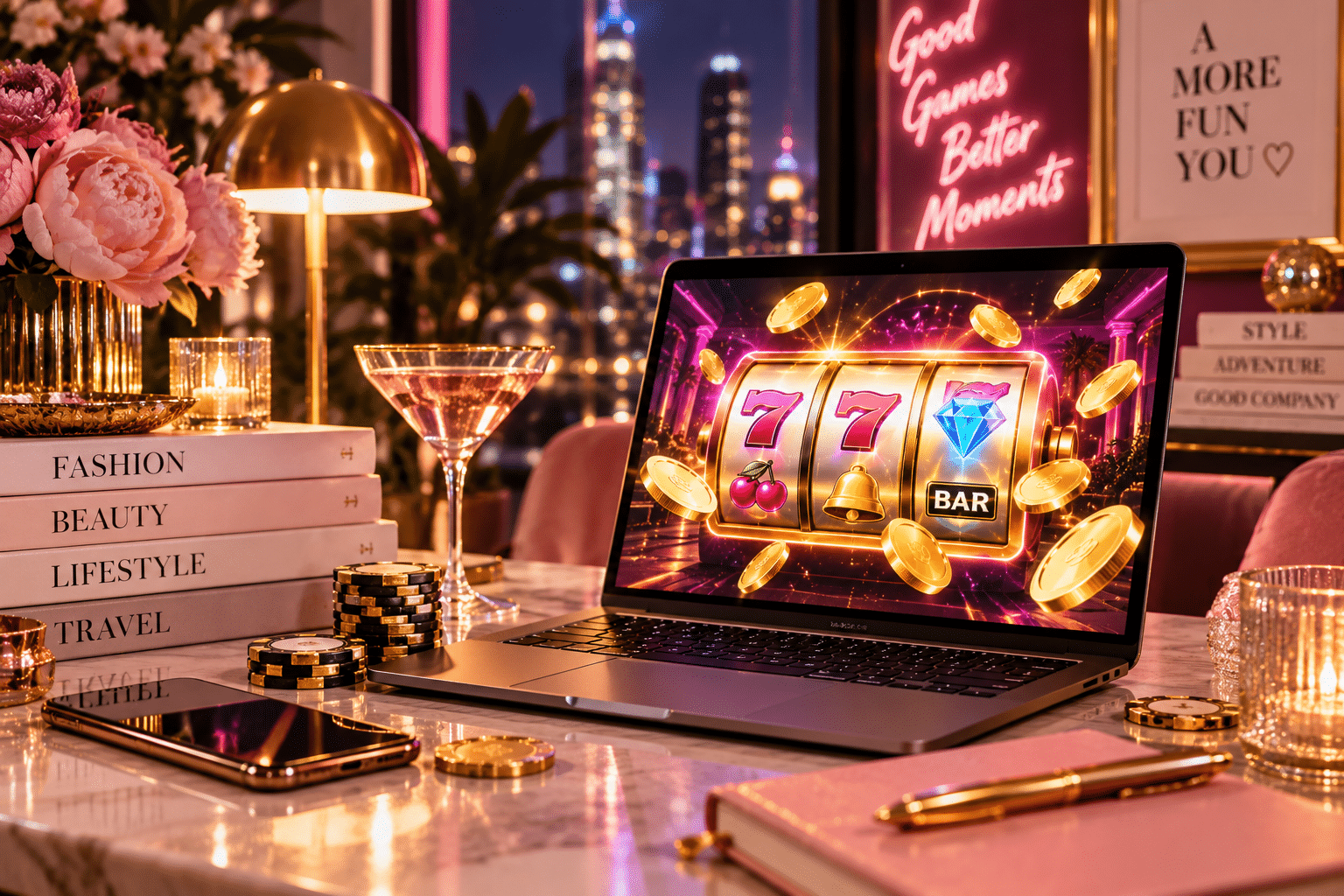 Laptop displaying slot machine game on chic desk with books, flowers, and cocktail glass