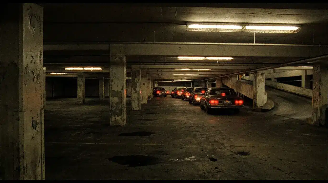 Dimly lit underground parking garage with row of cars and concrete pillars