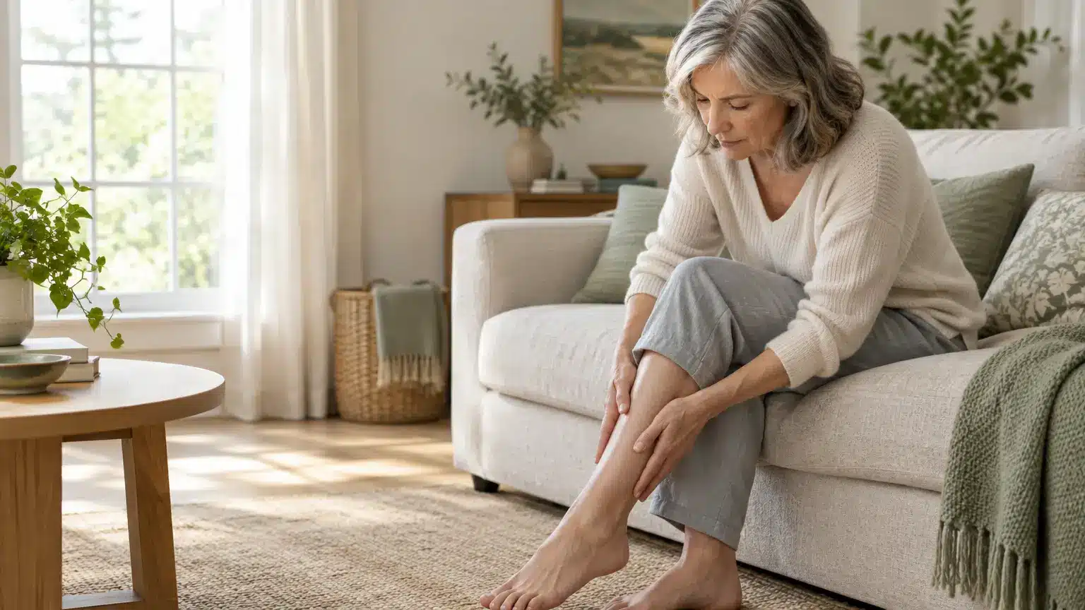 Woman sitting on beige sofa massaging her leg in a sunlit living room
