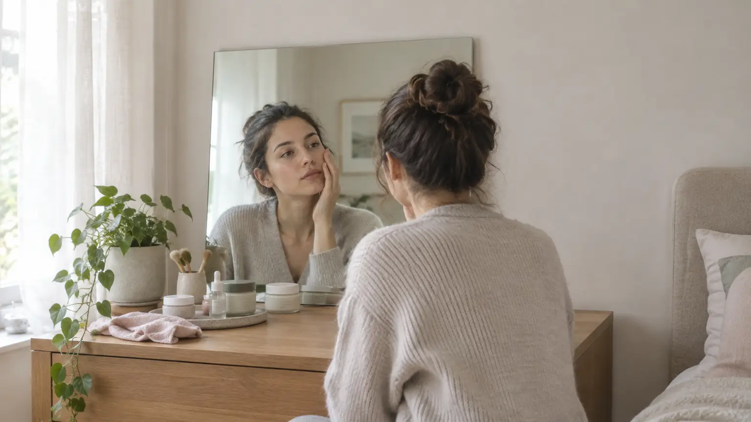 Woman in cozy sweater gazing at reflection in mirror on wooden dresser