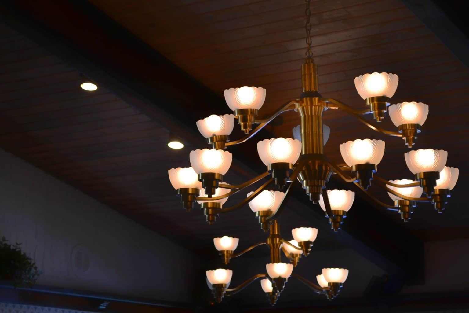 A beautiful black coloured chandelier hanging from a roof in a living room