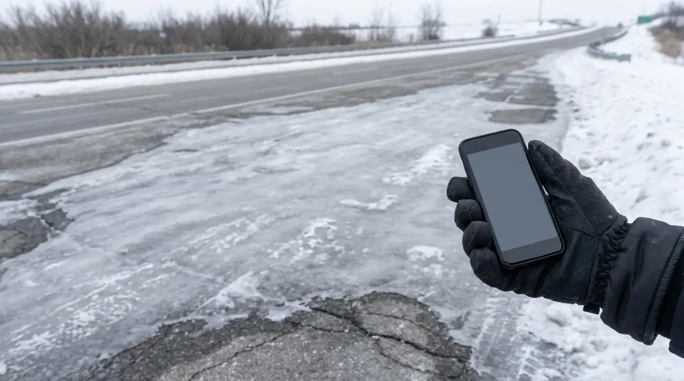 Gloved hand holding smartphone on icy snowy roadside in overcast weather