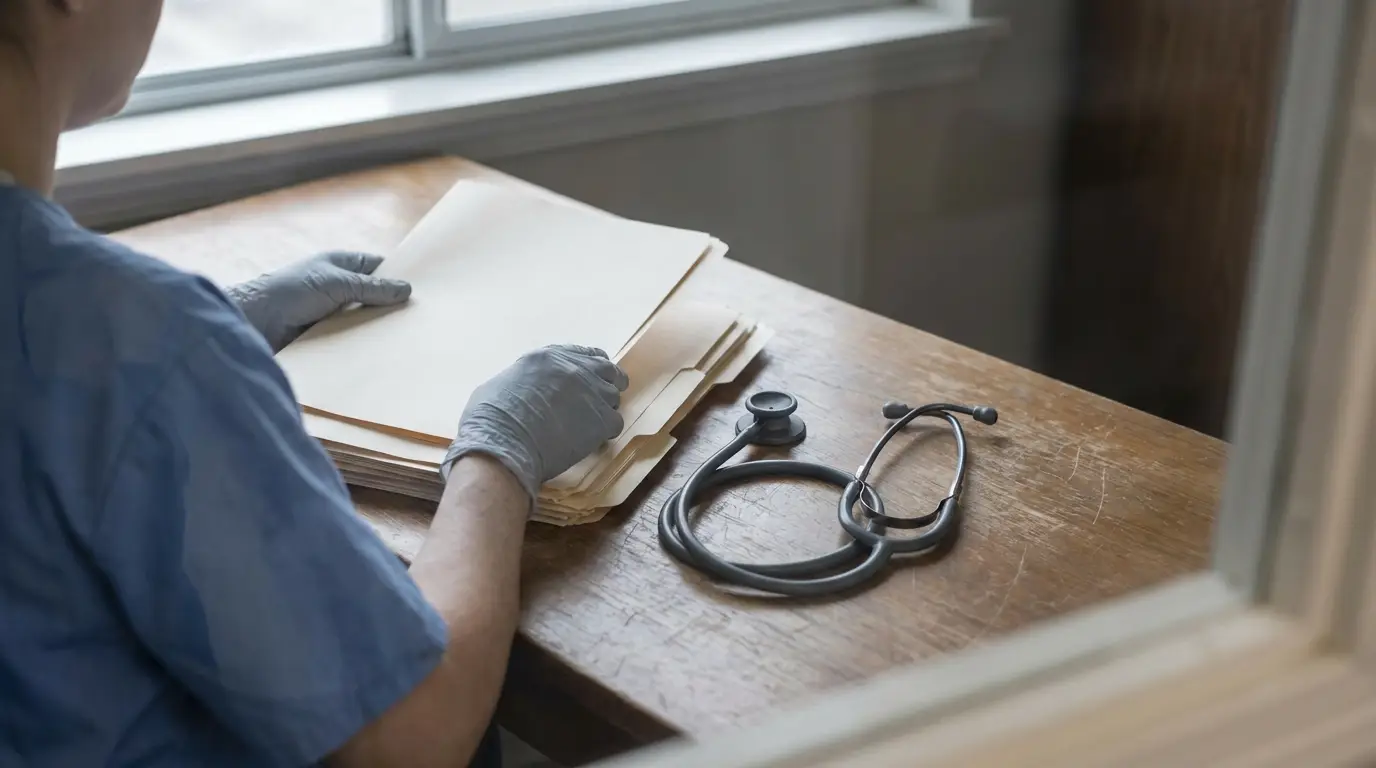 Doctor reviewing files at wooden desk with stethoscope in medical office
