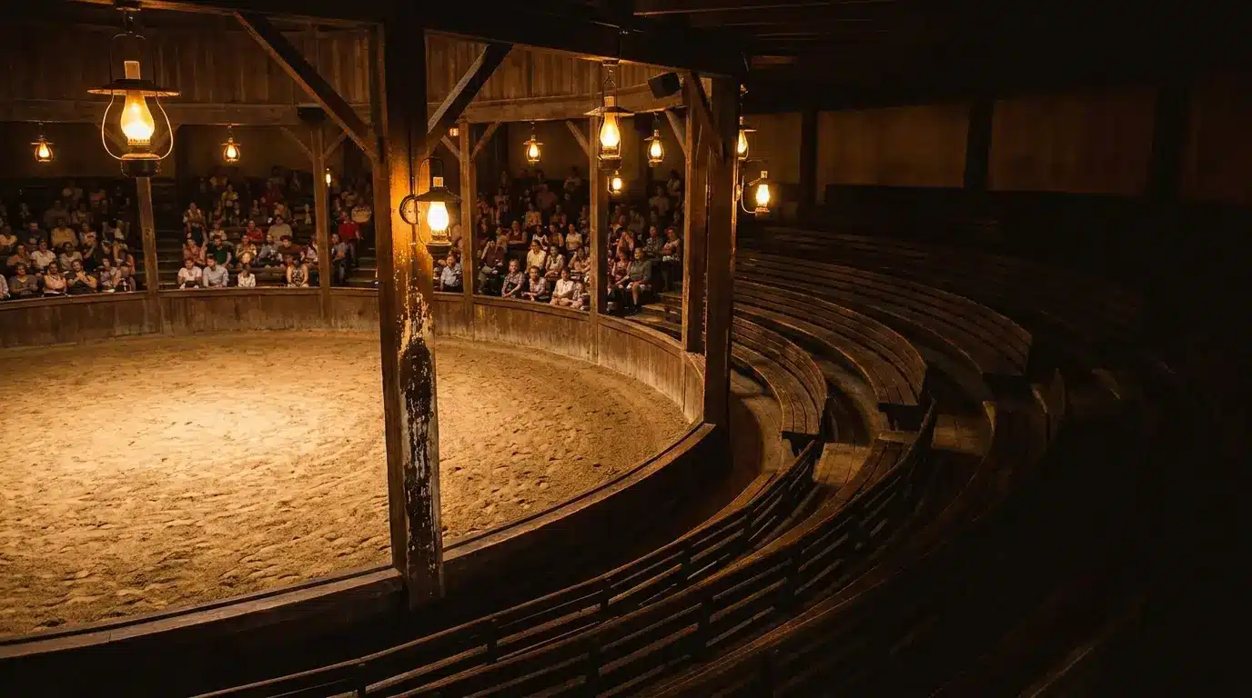 Indoor dinner show arena with tiered wooden bench seating surrounding a sand performance floor under warm lamps