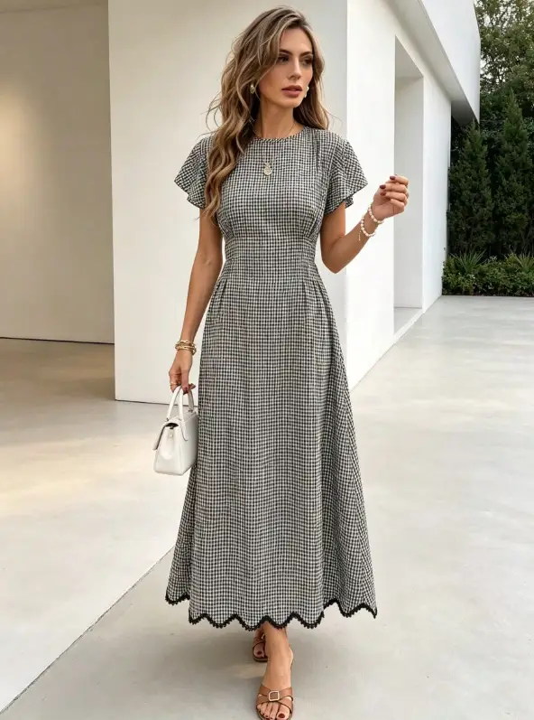 Woman in gingham dress holding white handbag walking on modern patio