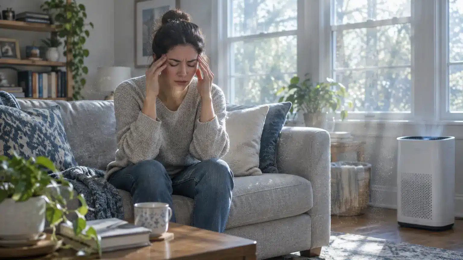 Woman sitting on couch with headache in sunlit living room next to air purifier