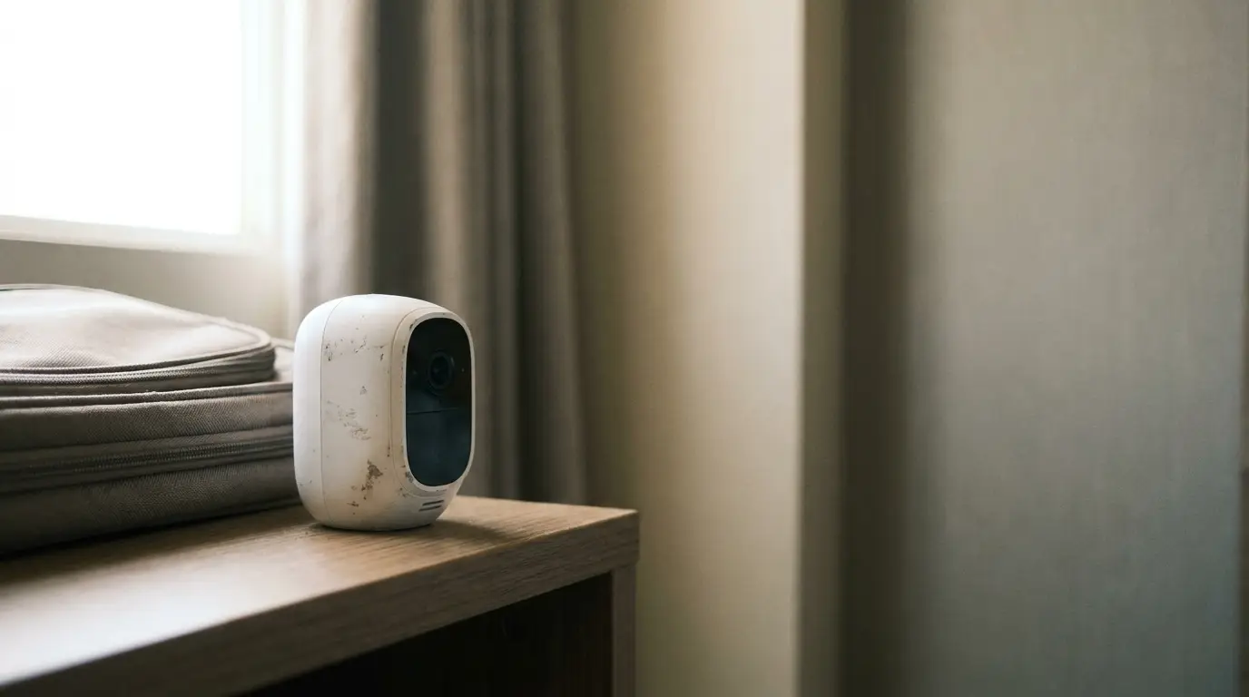 White security camera on wooden shelf beside folded fabric in softly lit room