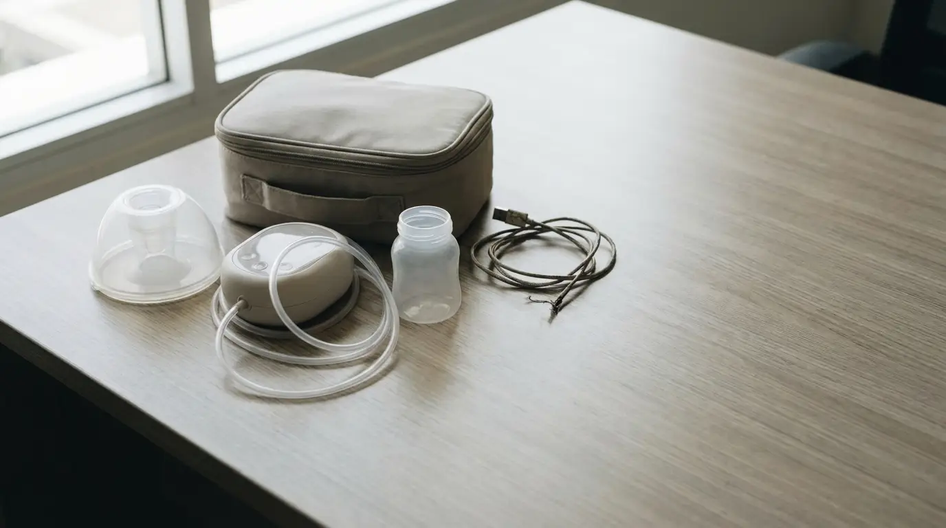 Breast pump accessories and carrying case on light wood desk near window