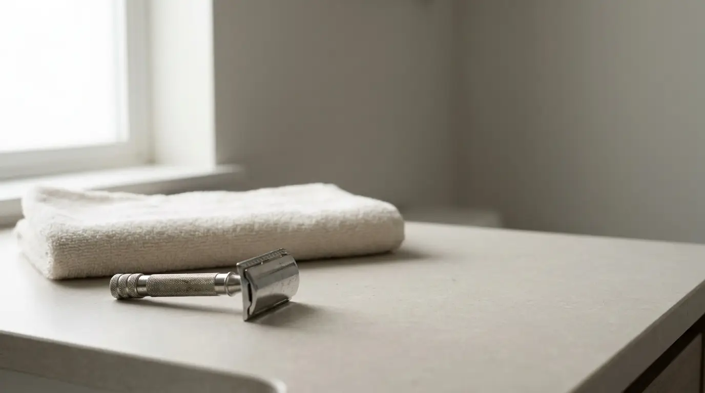 Safety razor and folded towel on light-colored bathroom countertop near window