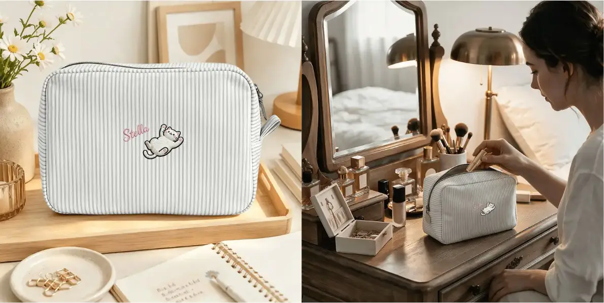 Striped makeup bag with embroidered cat on wooden tray and vanity table with cosmetics