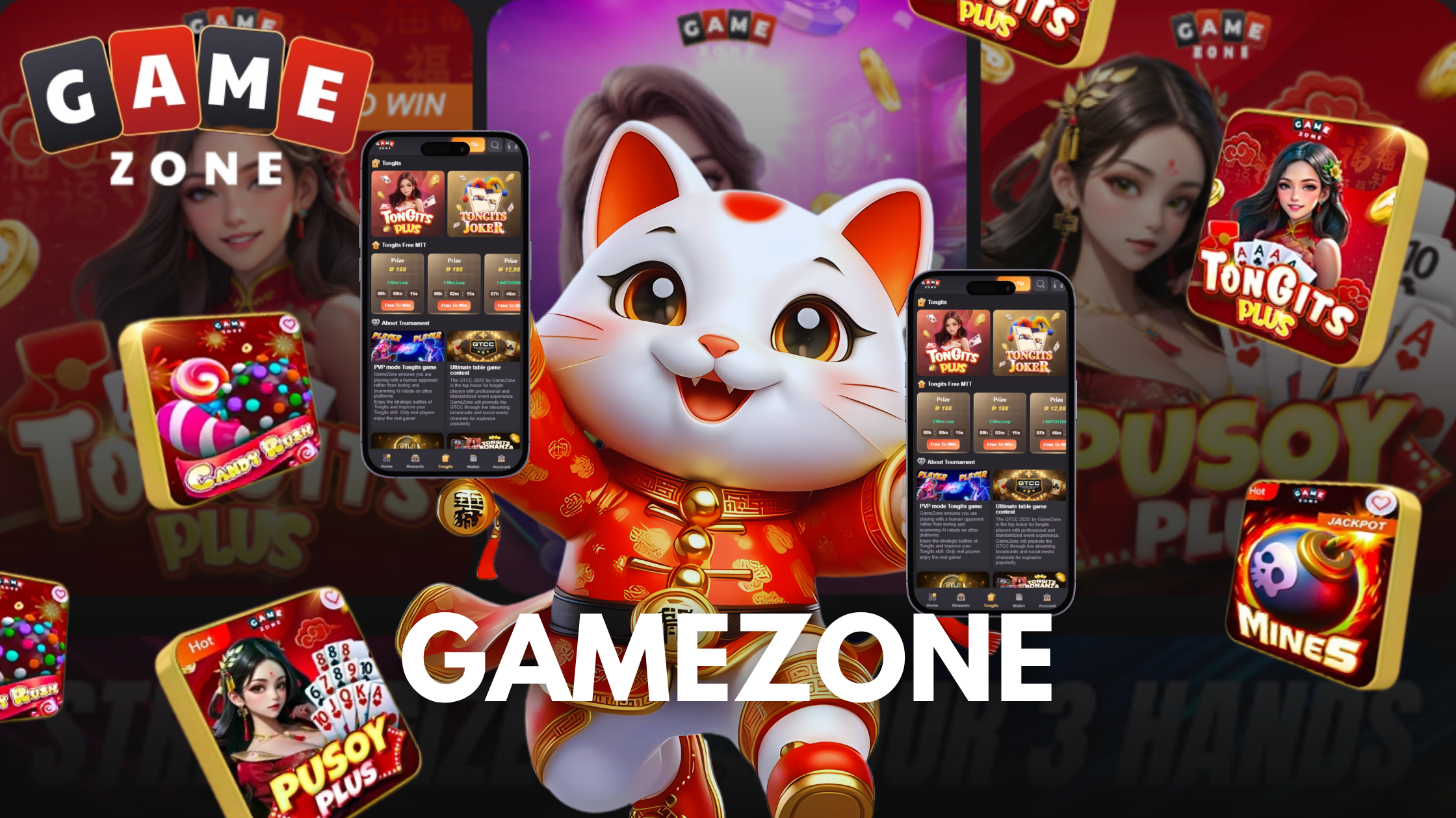 Cute animated cat with two smartphones displaying game apps against vibrant gaming background