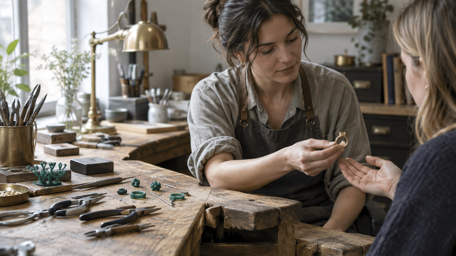 Jeweler showing a gold ring to a customer in a rustic workshop with tools on the table