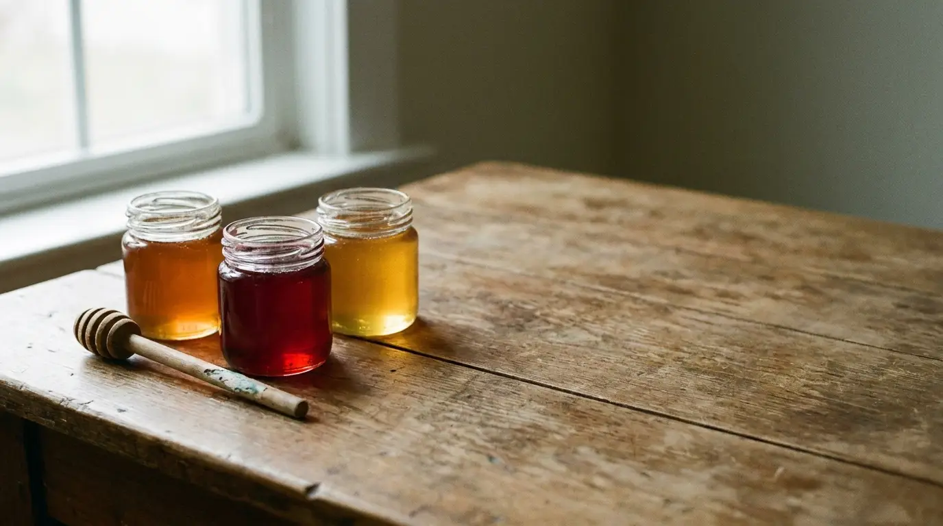 Jars of honey with wooden dipper on rustic wooden table near window