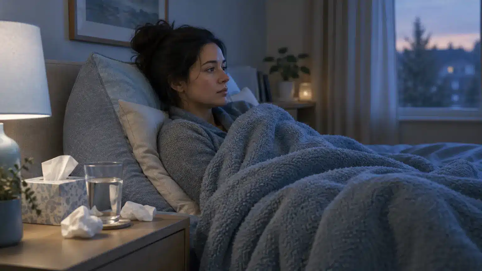 Woman wrapped in blanket on bed with tissues and water glass nearby in dimly lit room