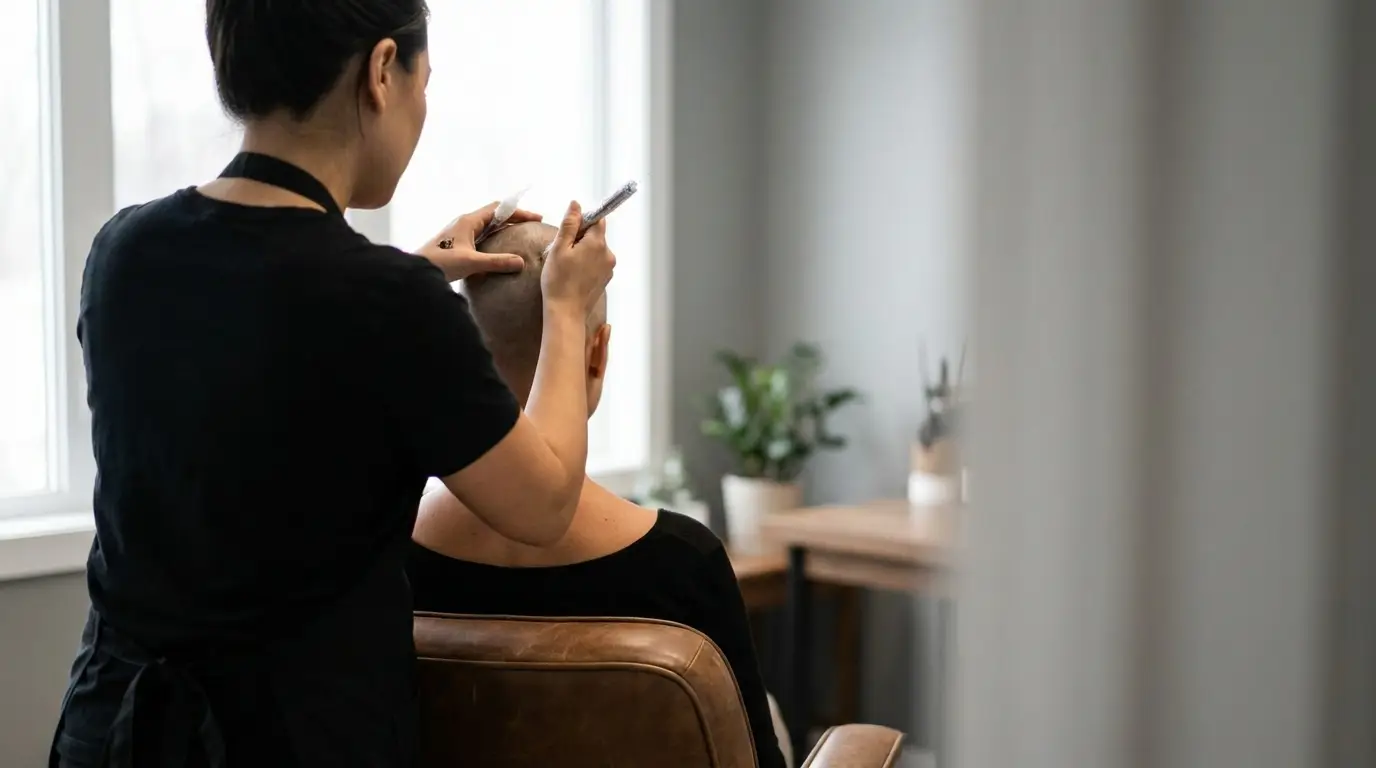 Stylist cutting hair of seated client in well-lit salon with plant and wooden desk