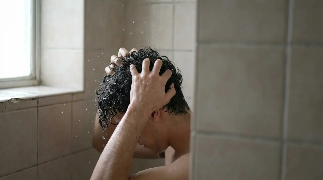 Person washing hair under shower in bathroom with tiled walls