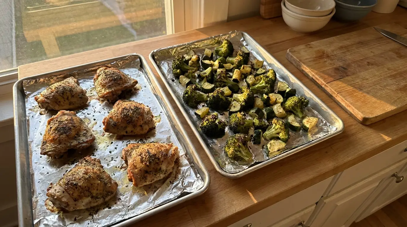 Roasted chicken thighs and mixed vegetables on foil-lined baking trays in sunlit kitchen