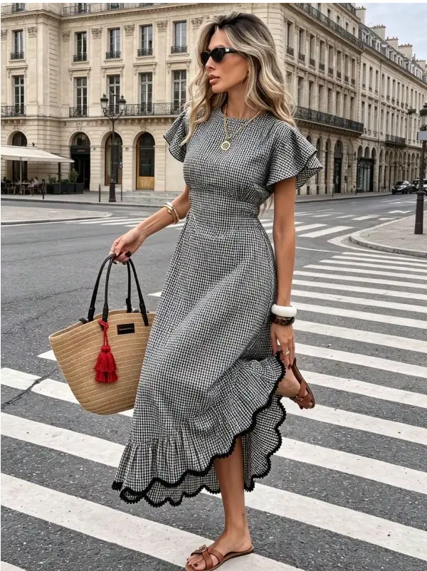 Woman in gingham dress crossing street with woven tote in urban setting