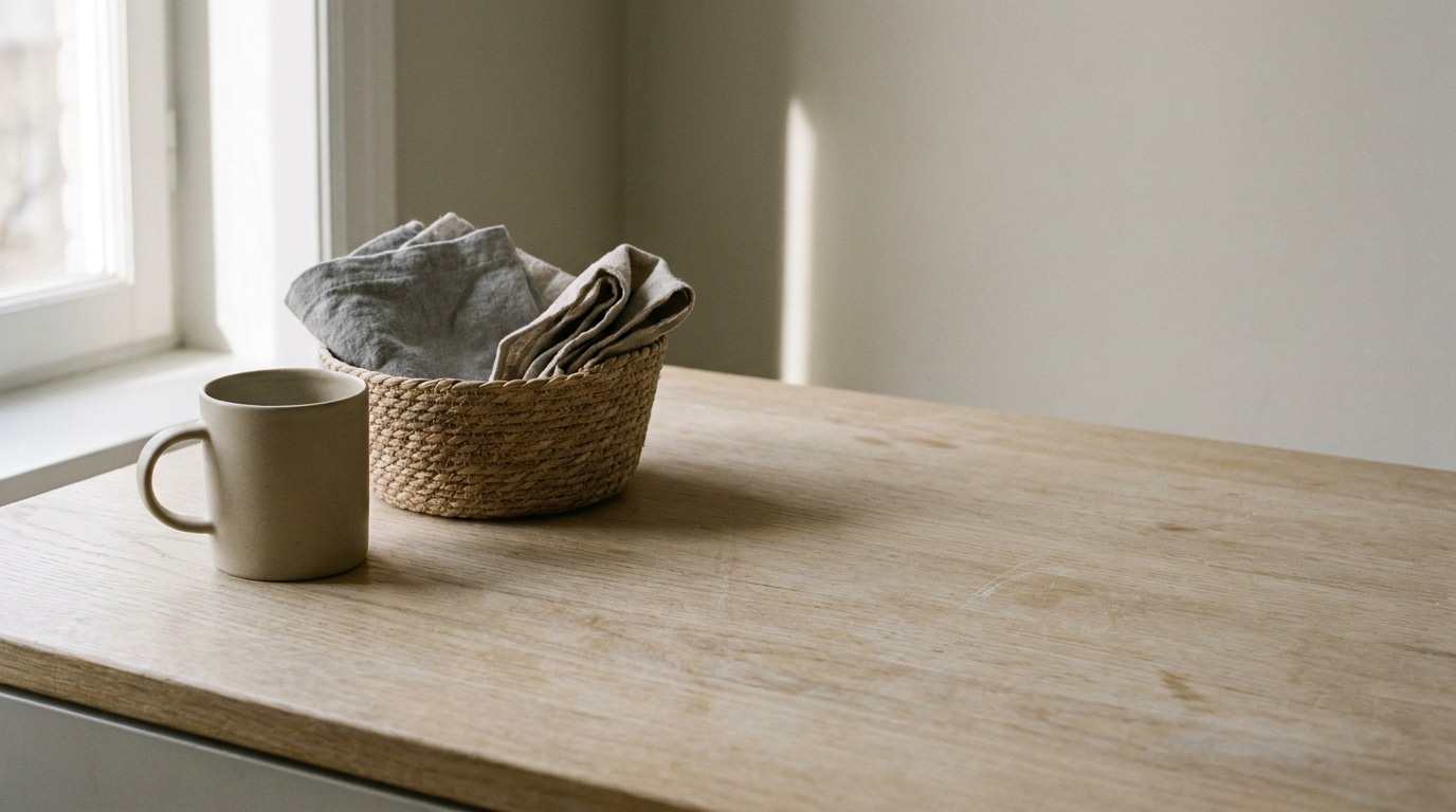 Ceramic mug and woven basket with linens on wooden table in soft natural light
